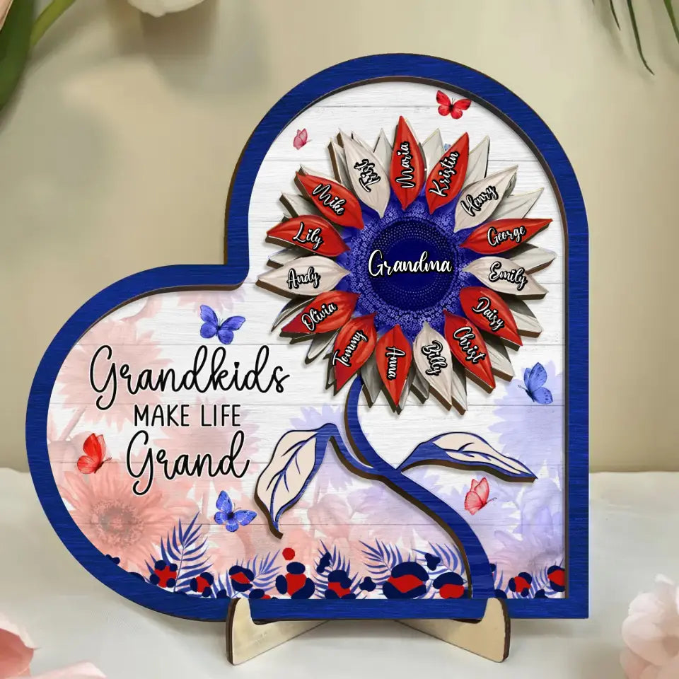 Personalized Mom Grandma 2 Layered Wooden Art - Up to 15 Kids - 4th Of July Gift Idea For Grandma - Grandkids Make Life Grand