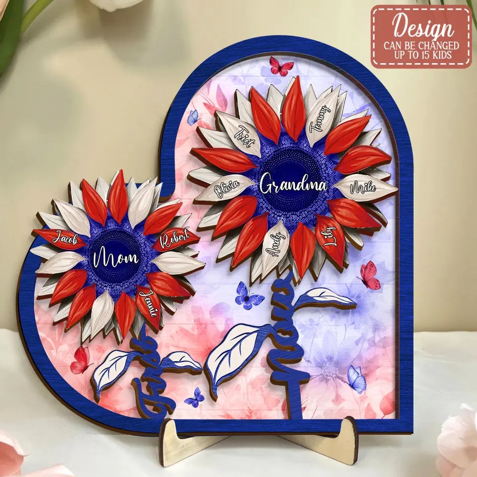 Personalized First Mom Now Grandma Sunflower 2 Layered Wooden Art - Up to 15 Kids And 15 Grandkids - 4th Of July Gift Idea For Grandma/Mom