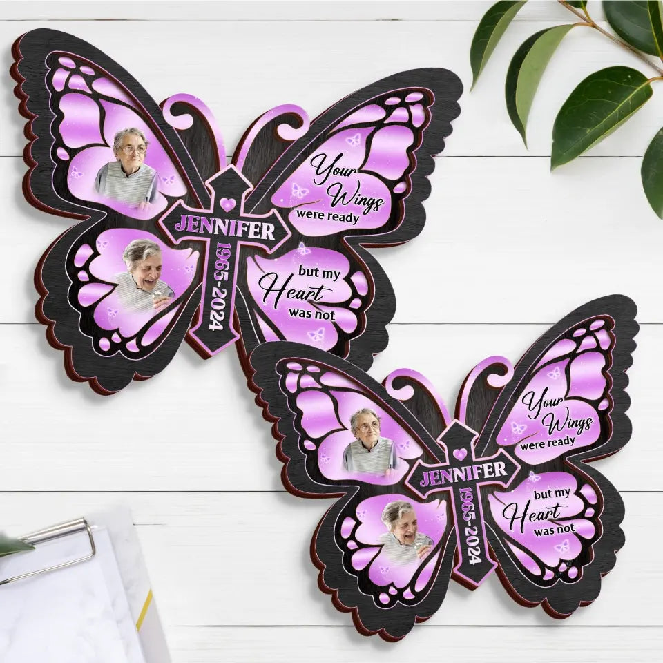 Personalized Butterfly 2 Layered Wooden Art - Upload Up to 5 Photos - Memorial Gift Idea For Family Member - A Piece Of My Heart Lives In Heaven