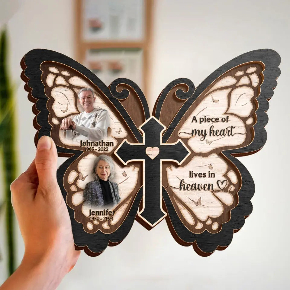 Personalized Butterfly 2 Layered Wooden Art - Upload Up to 5 People - Memorial Gift Idea For Family Member - Pieces Of My Heart Live In Heaven