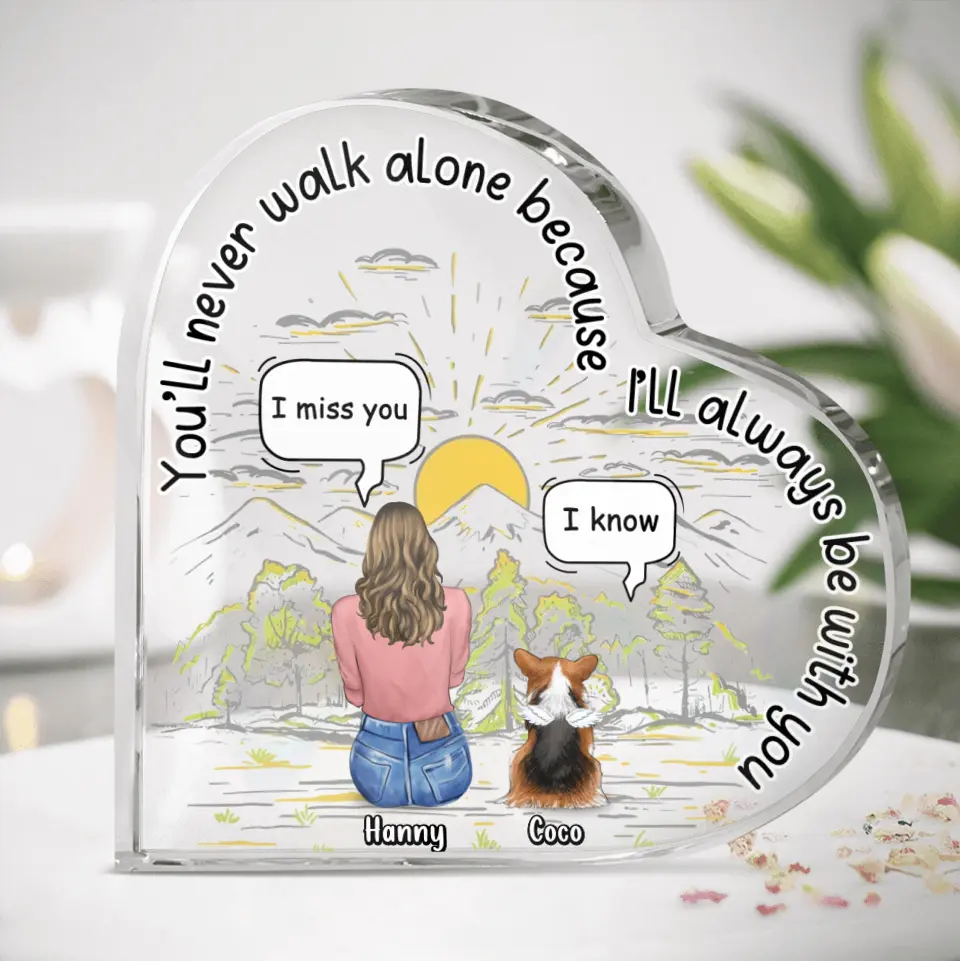 Personalized Memorial Pet Crystal Heart - Adult/Couple/Family With Up to 4 Pets - Gift Idea For Dog/Cat Lover - You'll Never Walk Alone Because I'll Always Be With You