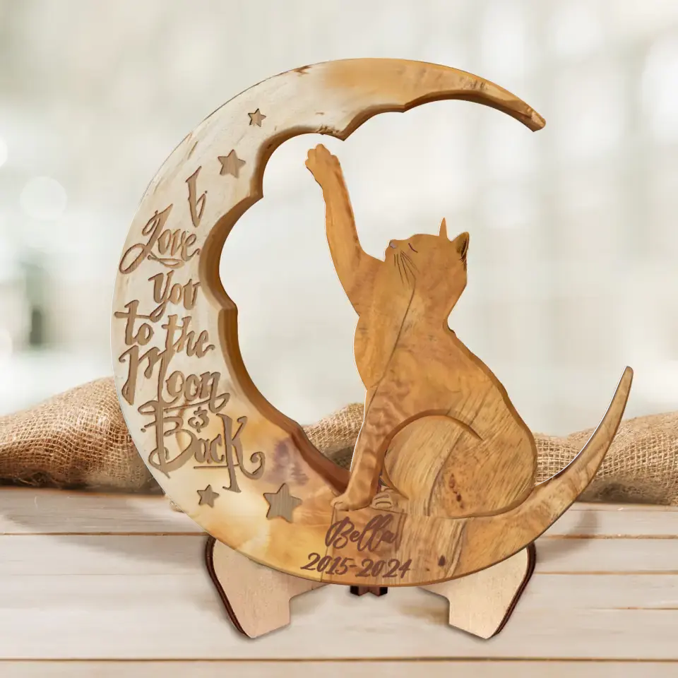 Personalized Cat Moon 2 Layered Wooden Art - Memorial Gift Idea for Cat Lover - I Love You To The Moon And Back