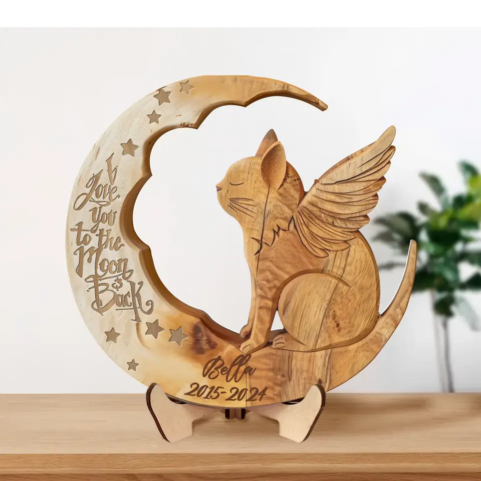 Personalized Cat Moon 2 Layered Wooden Art - Memorial Gift Idea for Cat Lover - I Love You To The Moon And Back