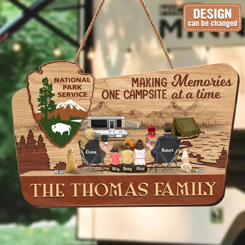Personalized Camping Wooden Sign - Couple/Parents With Up to 3 Kids And 3 Pets - Gift Idea For Family/Camping/Dog/Cat Lover - Making Memories One Campsite At A Time
