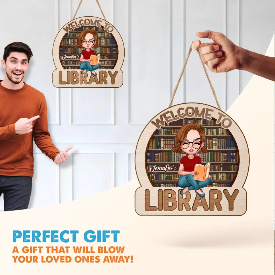 Personalized Reading Girl Wooden Sign - Gift Idea For Book Lover - Welcome To Library
