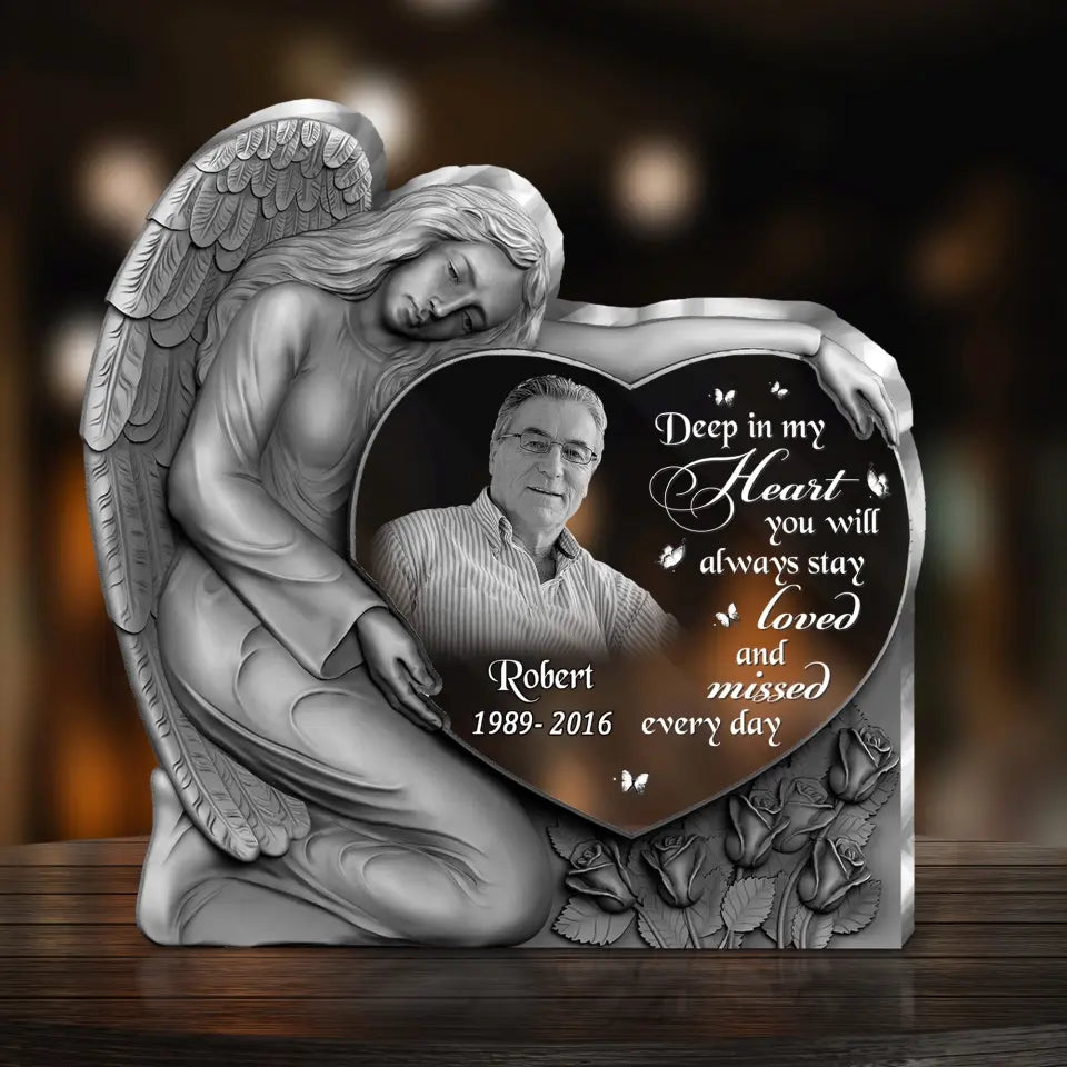 Personalized Angel Heart Memorial Acrylic Plaque - Memorial Gift Idea For Christmas/Family Member - Upload Photo - Deep In My Heart You Will Always Stay Loved And Missed Every Day