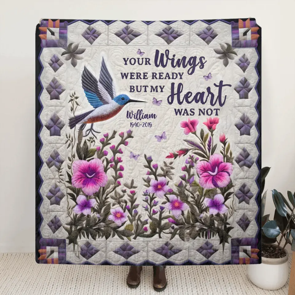 Personalized Hummingbird Memorial Fleece Throw Blanket/Quilt - Memorial Gift Idea For Family Member/Dad/Mom - Your Wings Were Ready But My Heart Was Not