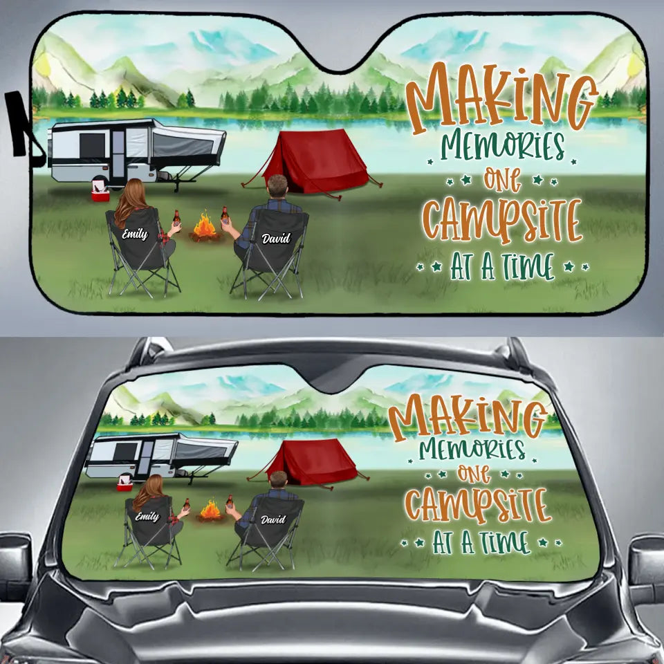 Personalized Camping Windshield Sunshade - Couple/Parents With Kids And Pets - Gift Idea For Camping Lovers - Making Memories One Campsite At A Time