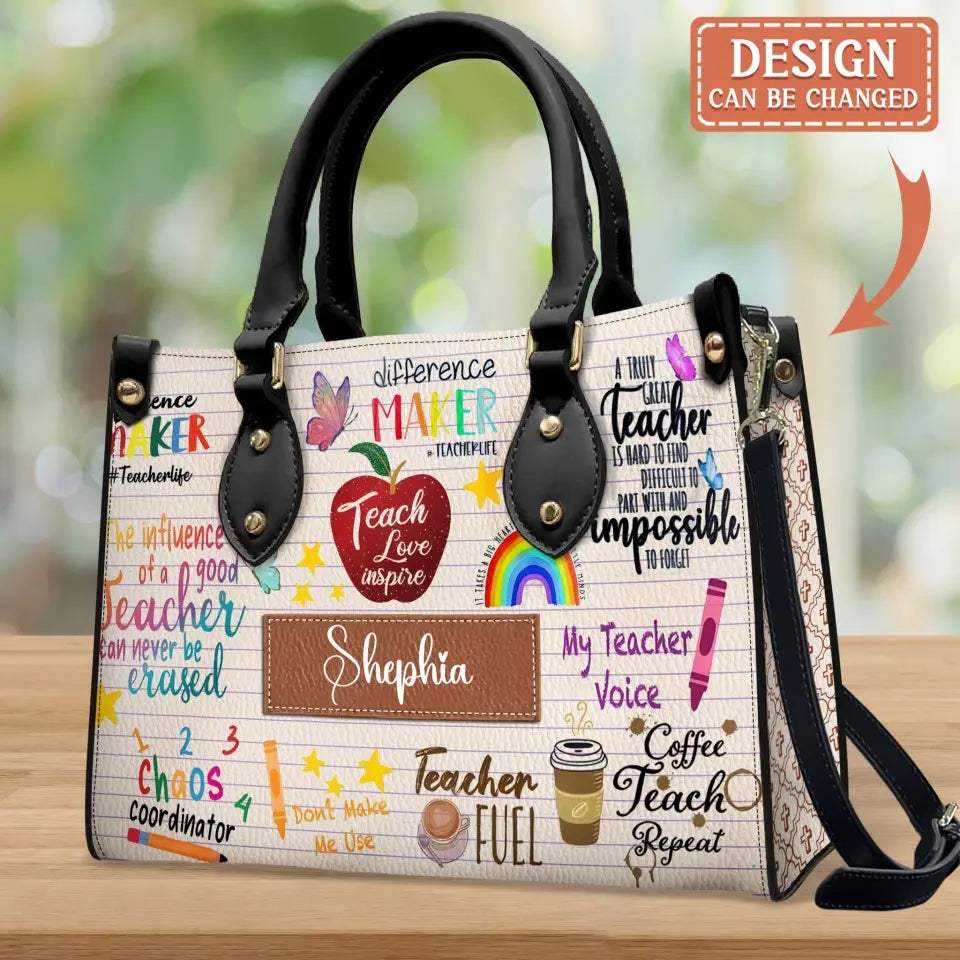 Personalized Teacher Leather Handbag With Long Straps - Gift Idea For Teacher - Teach Love Inspire