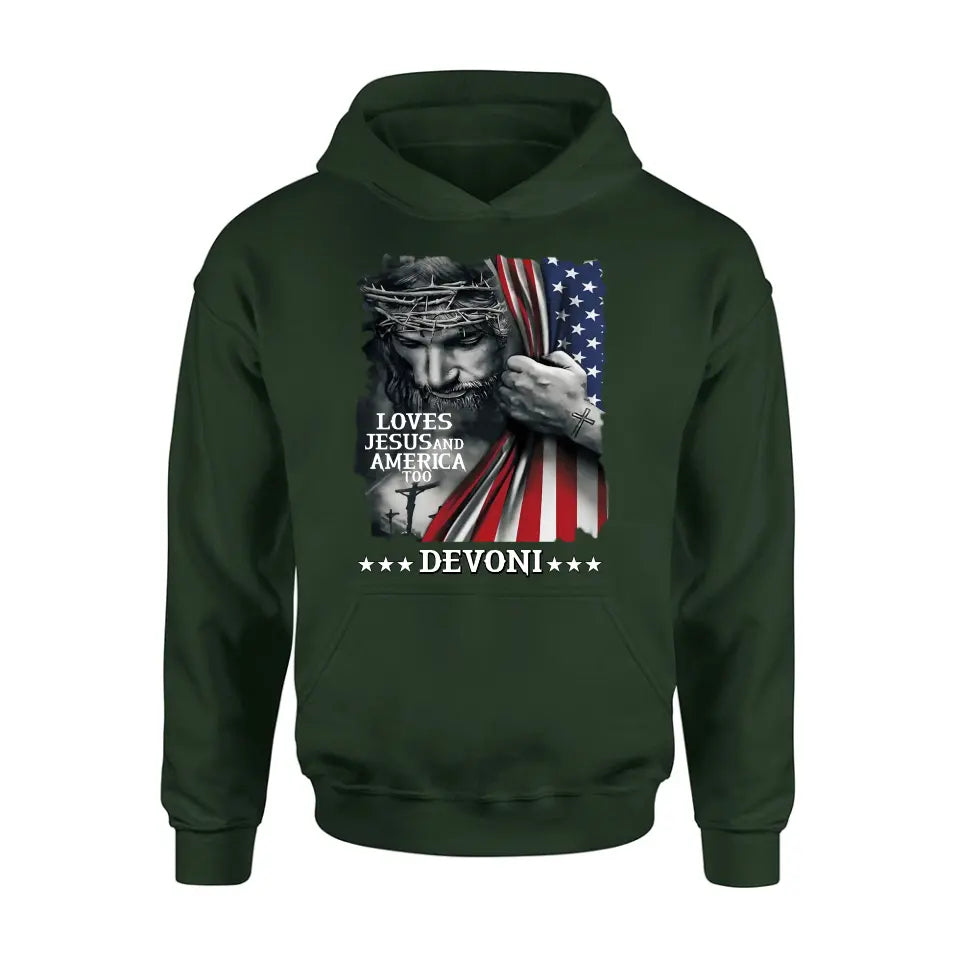 Personalized Patriotic Christian T-Shirt/Long Sleeve/Sweatshirt/Hoodie - Independence Day Gift - Loves Jesus and America Too