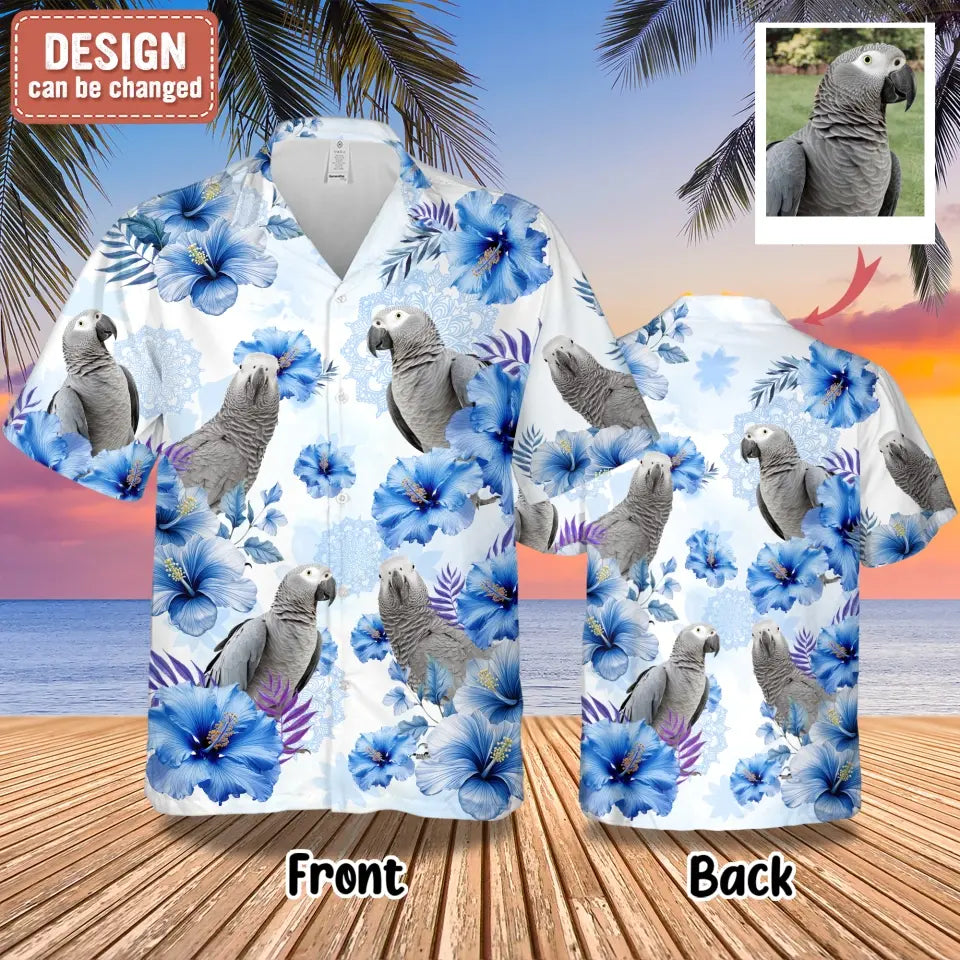 Personalized Blue Flower Parrot Hawaiian Shirt - Upload Parrot Photo - Summer Gift Idea