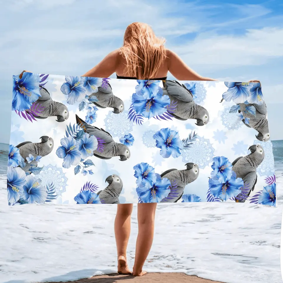 Personalized Blue Flower Parrot Beach Towel - Upload Parrot Photo - Summer Gift Idea
