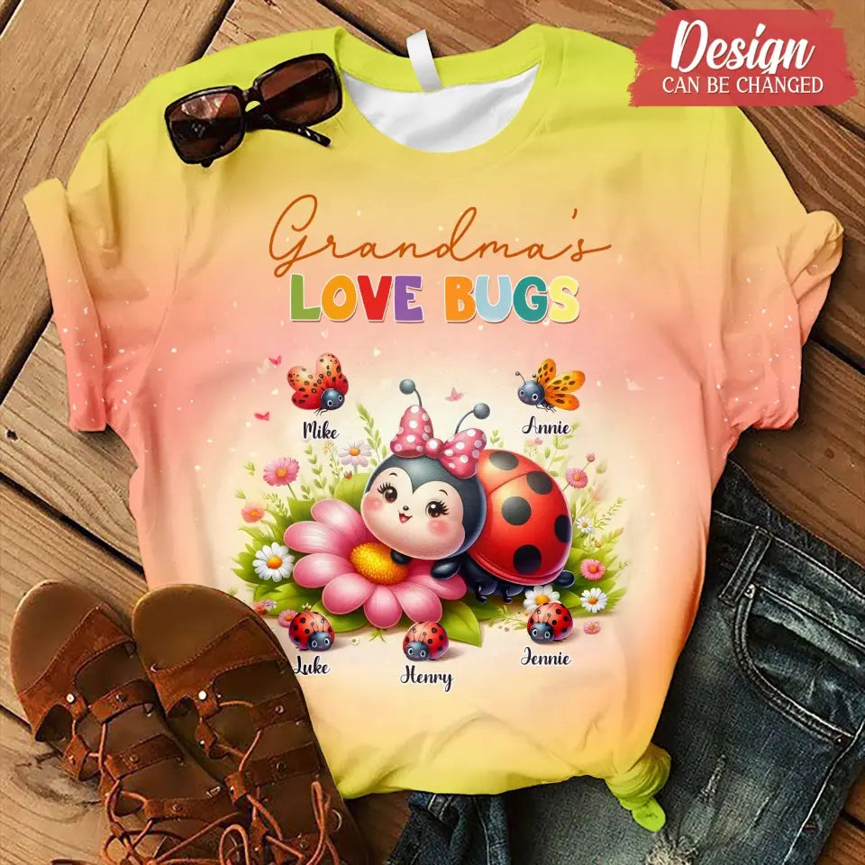 Personalized Grandma AOP T-shirt - Gift Idea For Grandma/Mother - Up to 10 Kids - Grandma's Love Bugs