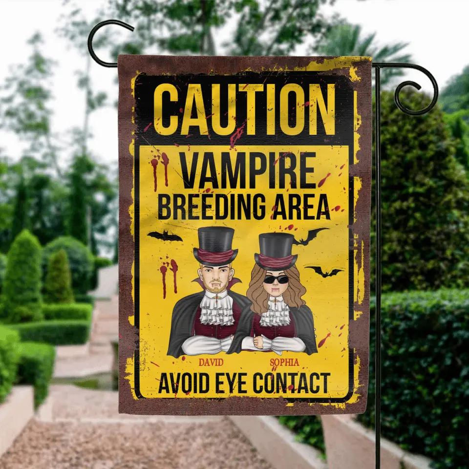 Personalized Vampire Flag sign - Funny Gift Idea For Couple/Family - Up to 2 Kids - Caution Vampire Breeding Area Avoid Eye Contact