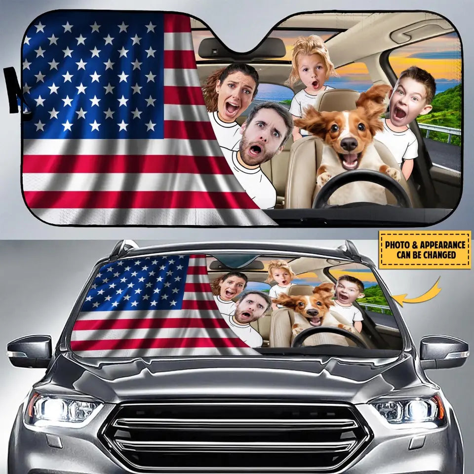 Personalized Photo Dog Driving Family Trip Auto Windshield Sunshade - Couple With Kids And Dog- Gift Idea For Family/Couple/Dog Lover