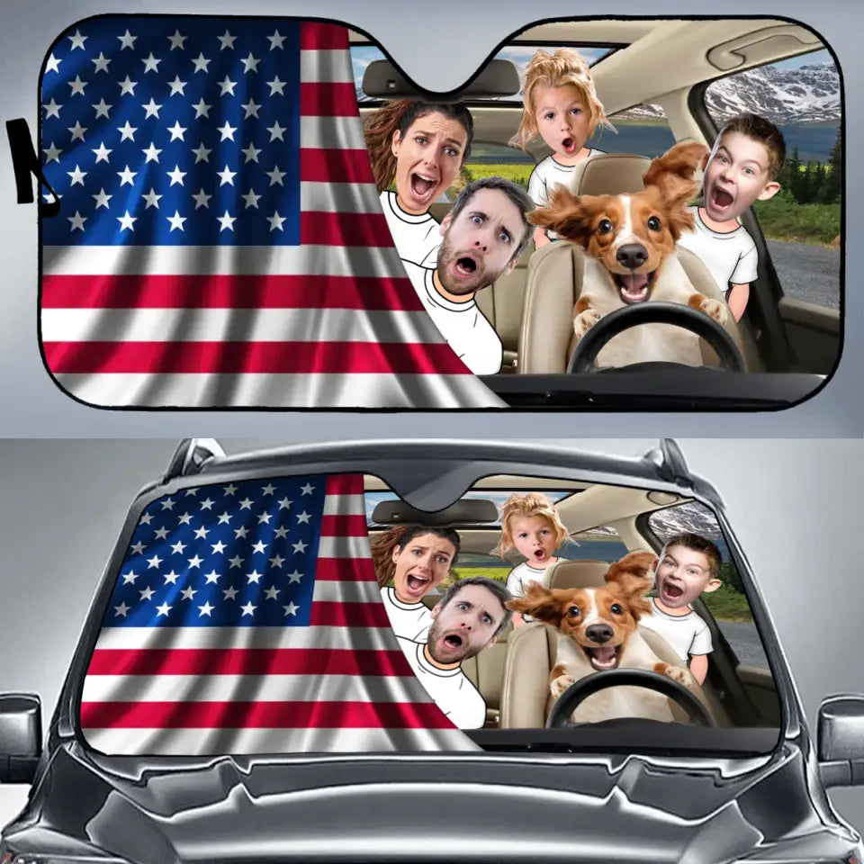 Personalized Photo Dog Driving Family Trip Auto Windshield Sunshade - Couple With Kids And Dog- Gift Idea For Family/Couple/Dog Lover
