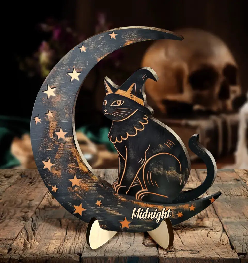 Personalized Witch Cat 2 Layered Wooden Art - Gift Idea For Cat Lover