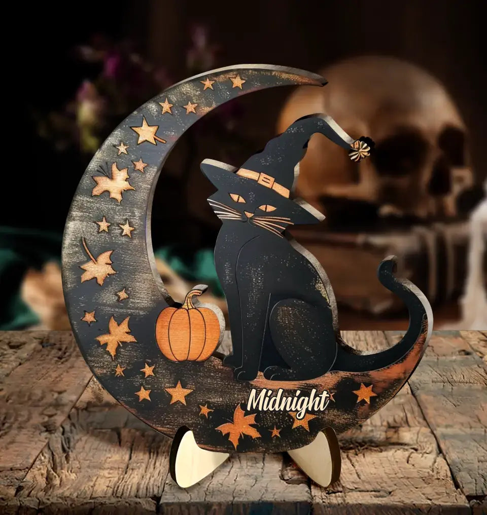 Personalized Witch Cat 2 Layered Wooden Art - Halloween Gift Idea For Cat Lover