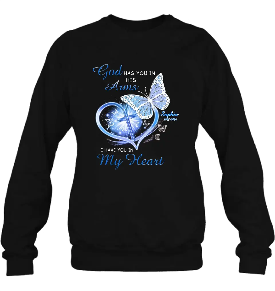 Personalized Memorial T-shirt/Long Sleeve/Sweatshirt/Hoodie - Memorial Gift Idea - God Has You In His Arms I Have You in My Heart
