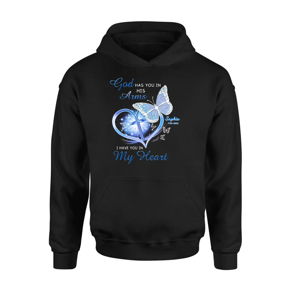 Personalized Memorial T-shirt/Long Sleeve/Sweatshirt/Hoodie - Memorial Gift Idea - God Has You In His Arms I Have You in My Heart
