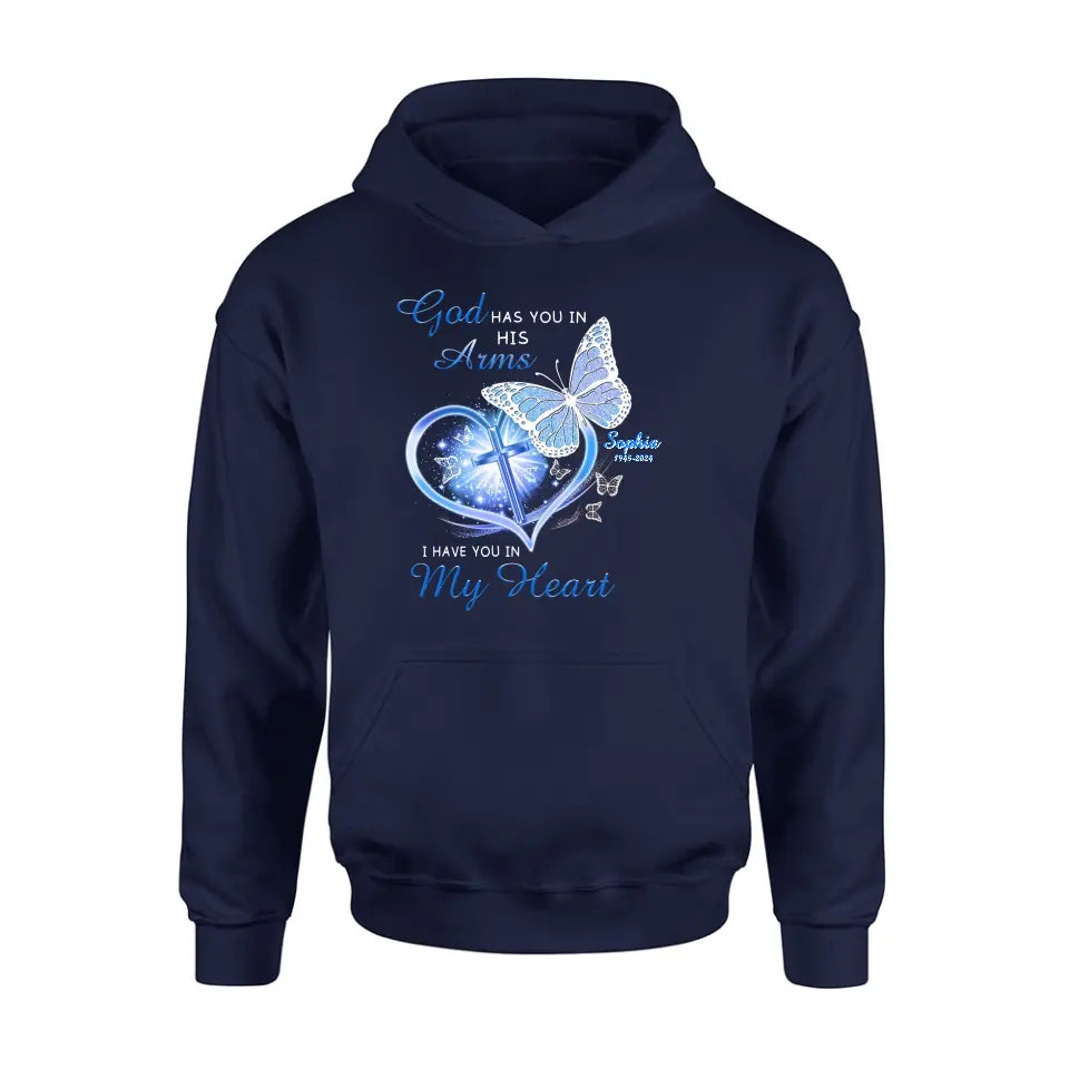 Personalized Memorial T-shirt/Long Sleeve/Sweatshirt/Hoodie - Memorial Gift Idea - God Has You In His Arms I Have You in My Heart