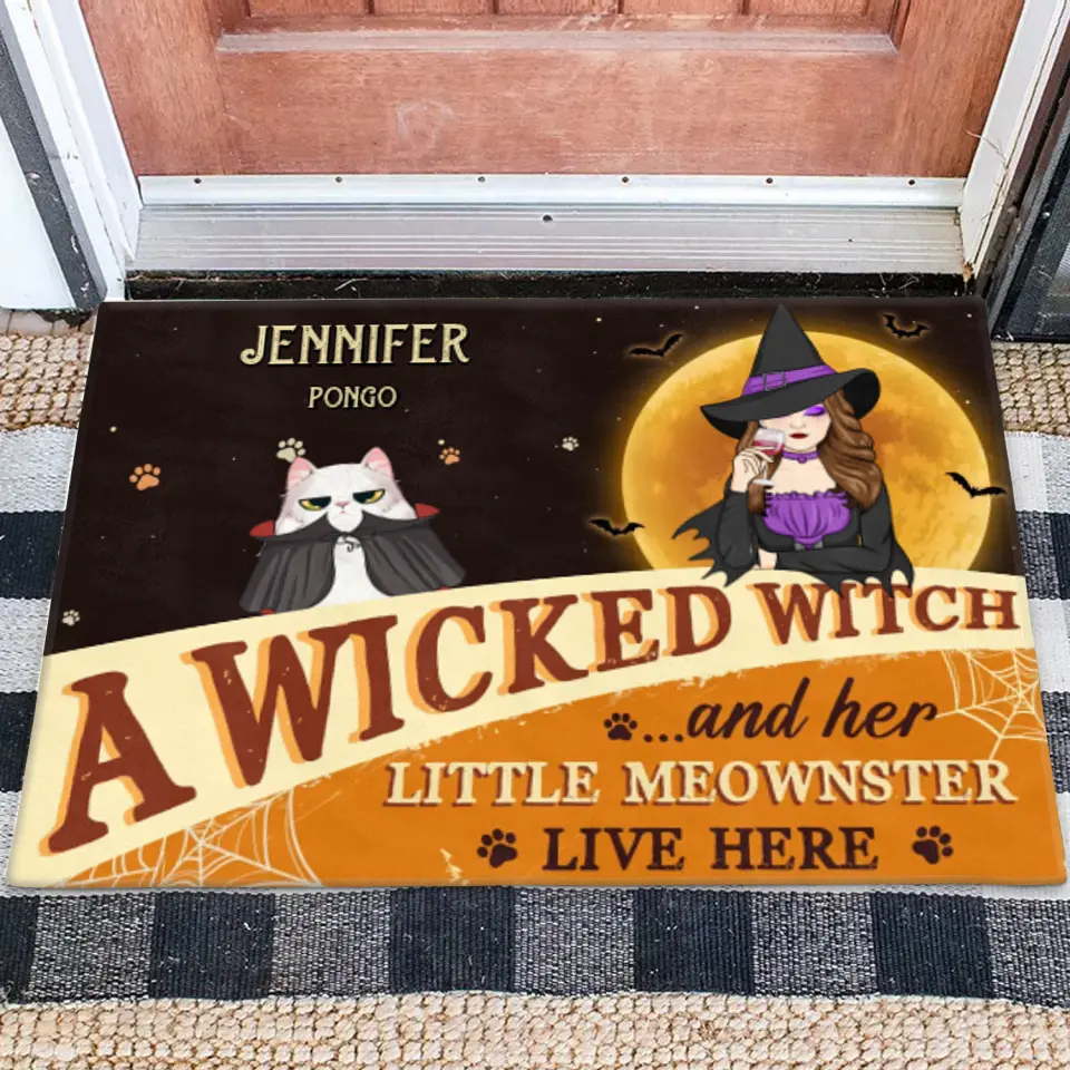 Personalized Halloween Witch Cat Doormat - Gift Idea For Family/Pet Lover - Up to 7 Cats - A Wicked Witch And Her Little Meownsters Live Here