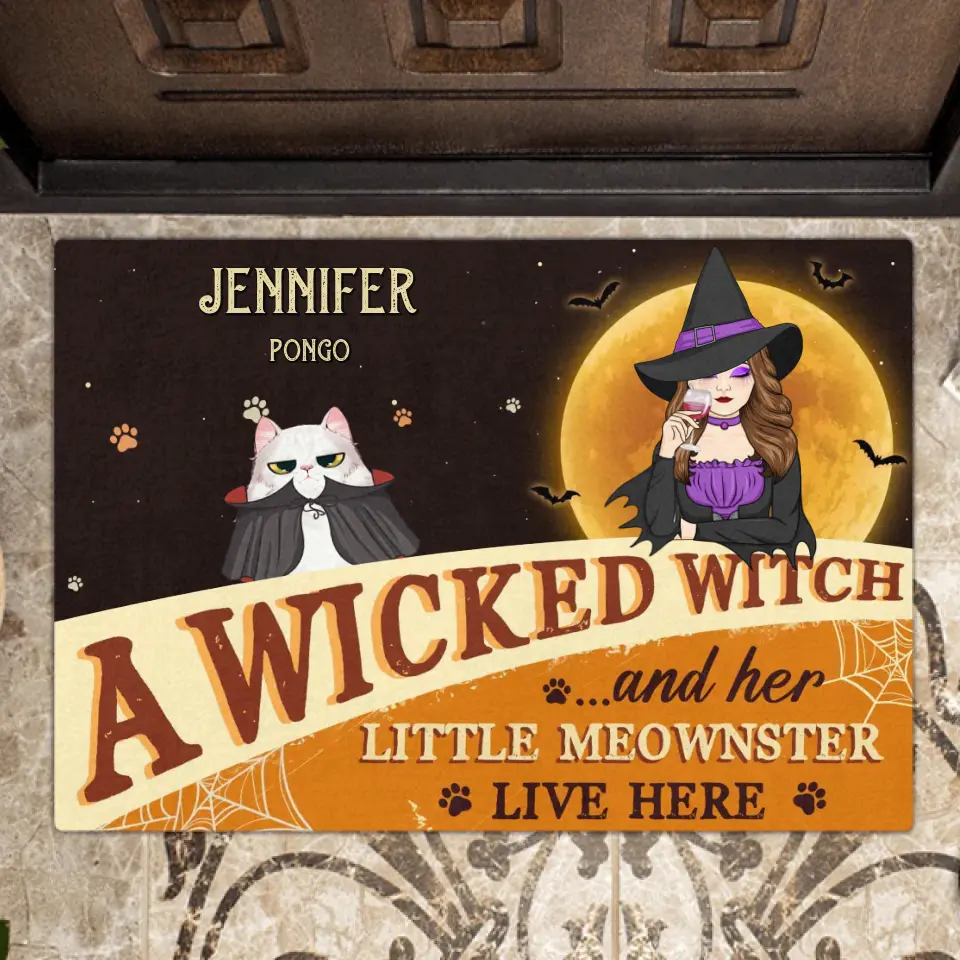 Personalized Halloween Witch Cat Doormat - Gift Idea For Family/Pet Lover - Up to 7 Cats - A Wicked Witch And Her Little Meownsters Live Here