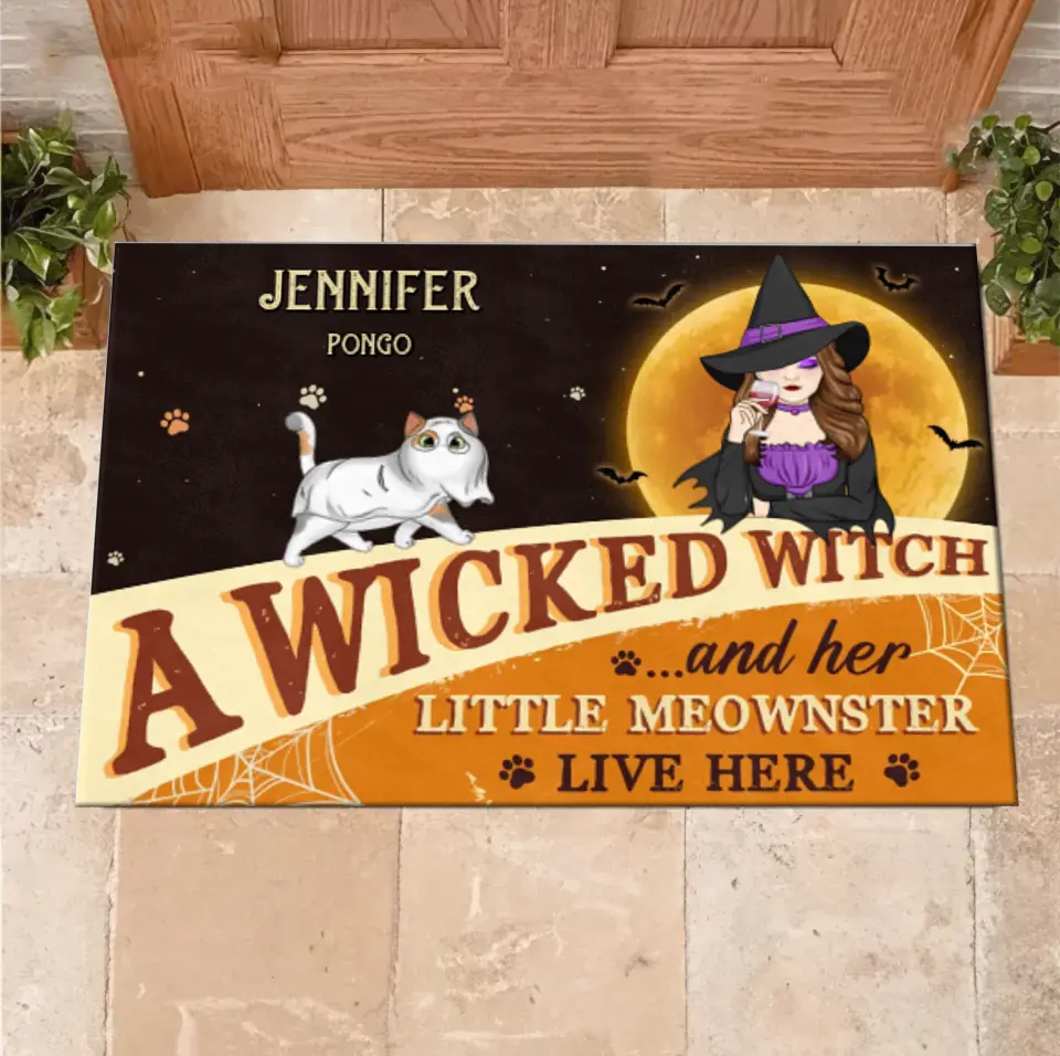 Personalized Halloween Witch Cats Doormat - Gift Idea For Family/Pet Lover - Up to 6 Cats - A Wicked Witch And Her Little Meownsters Live Here