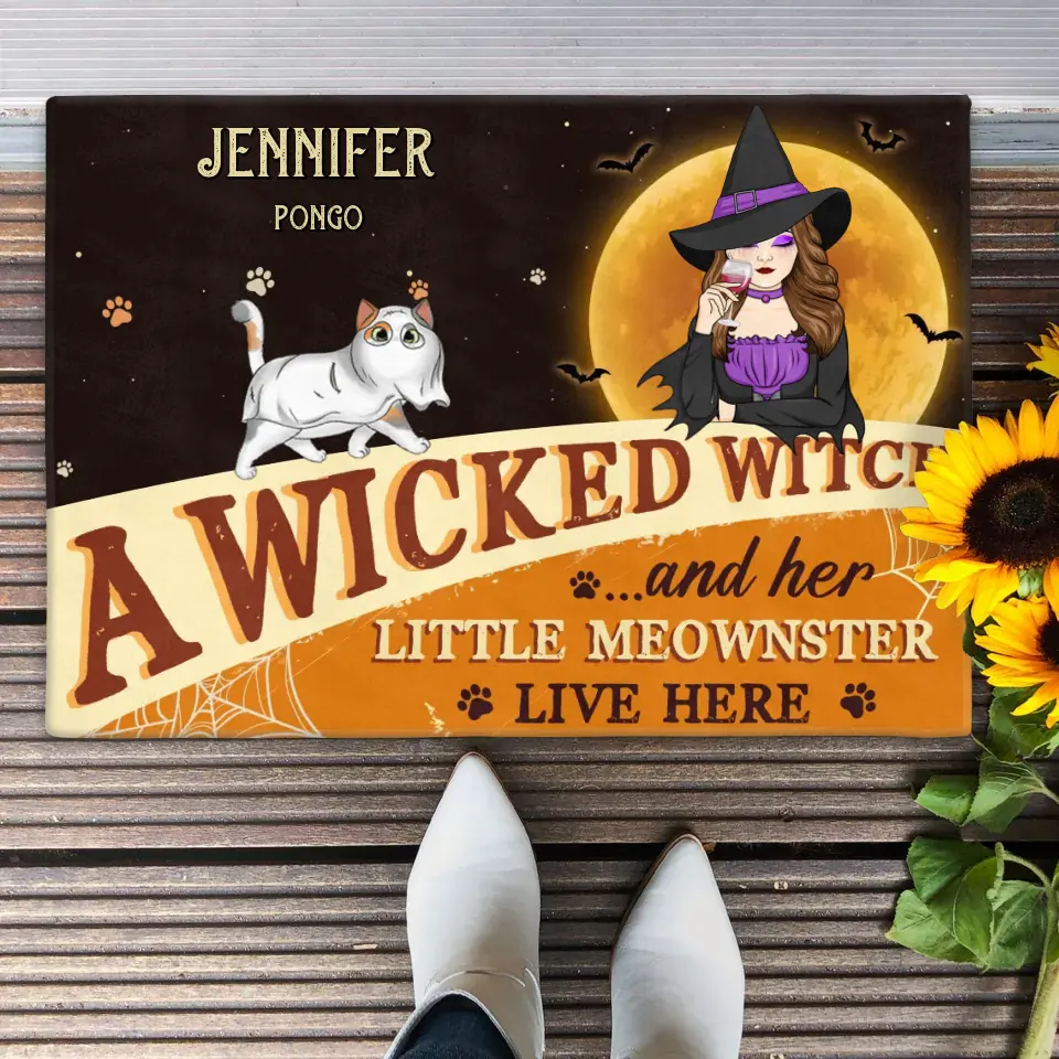 Personalized Halloween Witch Cats Doormat - Gift Idea For Family/Pet Lover - Up to 6 Cats - A Wicked Witch And Her Little Meownsters Live Here