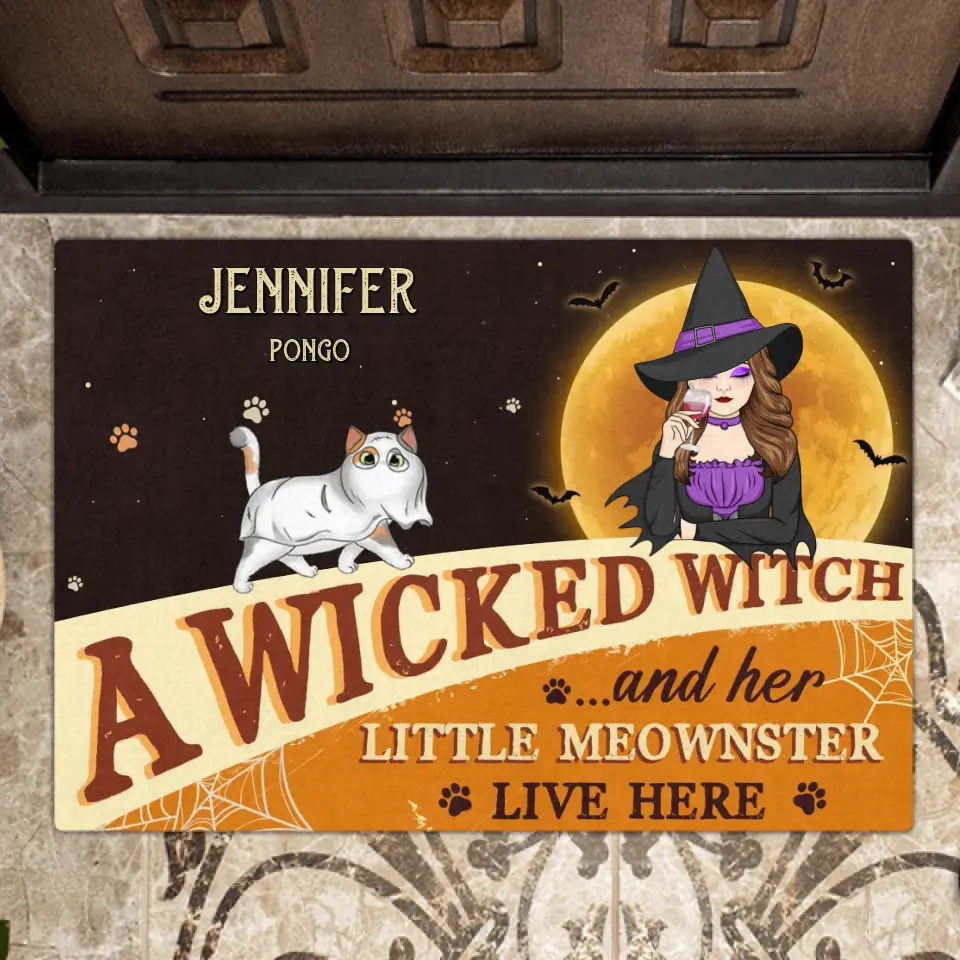 Personalized Halloween Witch Cats Doormat - Gift Idea For Family/Pet Lover - Up to 6 Cats - A Wicked Witch And Her Little Meownsters Live Here