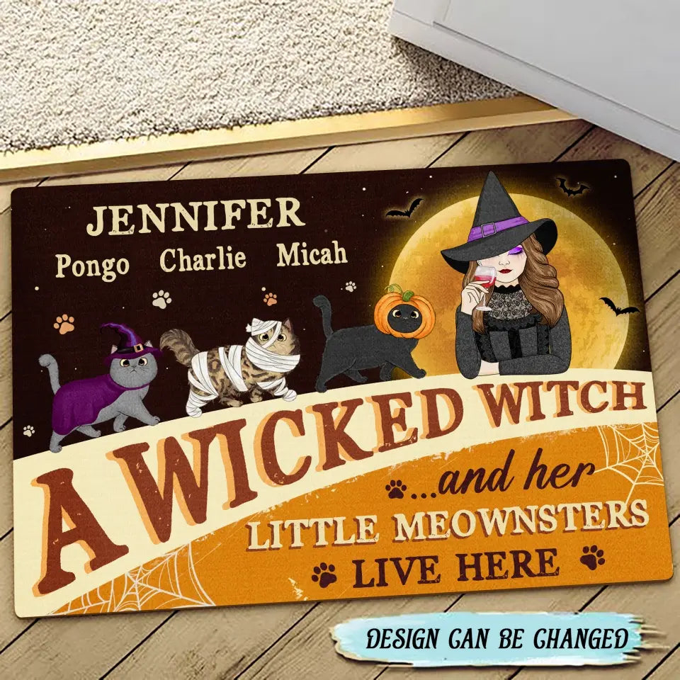Personalized Halloween Witch Cats Doormat - Gift Idea For Family/Pet Lover - Up to 6 Cats - A Wicked Witch And Her Little Meownsters Live Here