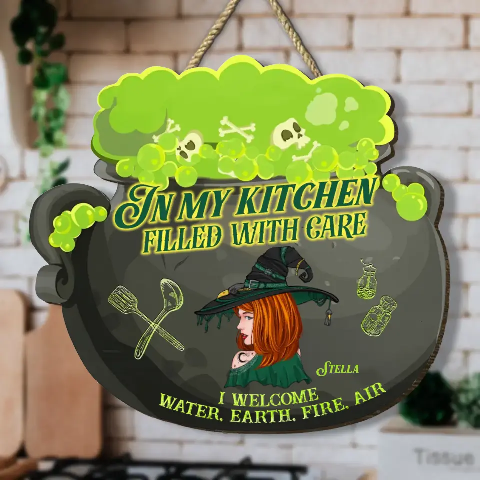 Personalized Witch Wooden Sign - Halloween Gift Idea For Witch/Pagan Decor - In My Kitchen Filled With Care I Welcome Water, Earth, Fire, Air