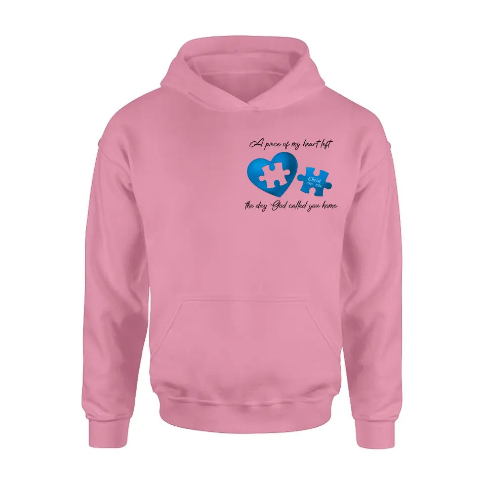 Personalized Memorial Shirt/Hoodie - Memorial Gift Idea for Mother's Day/Father's Day - A Piece Of My Heart Left The Day God Called You Home