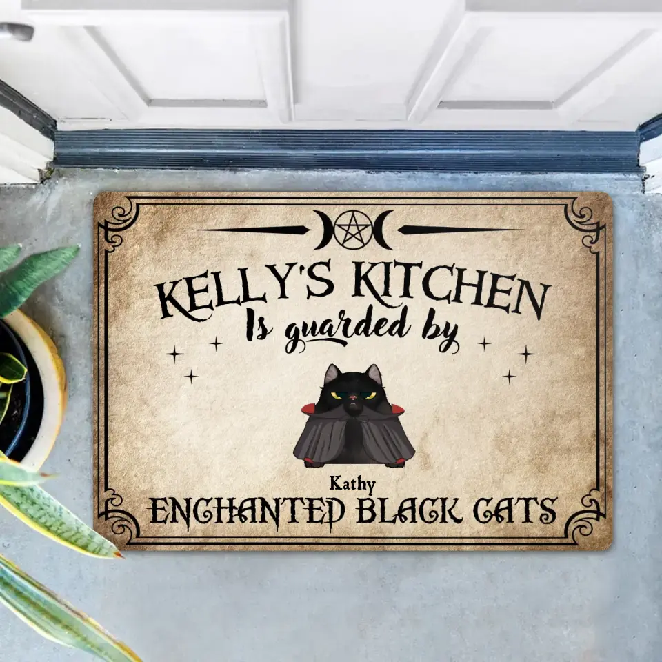 Personalized Cat Doormat - Halloween Gift Idea For Cat Lover - Up to 7 Cats - Witch's Kitchen Is Guarded By Enchanted Black Cats