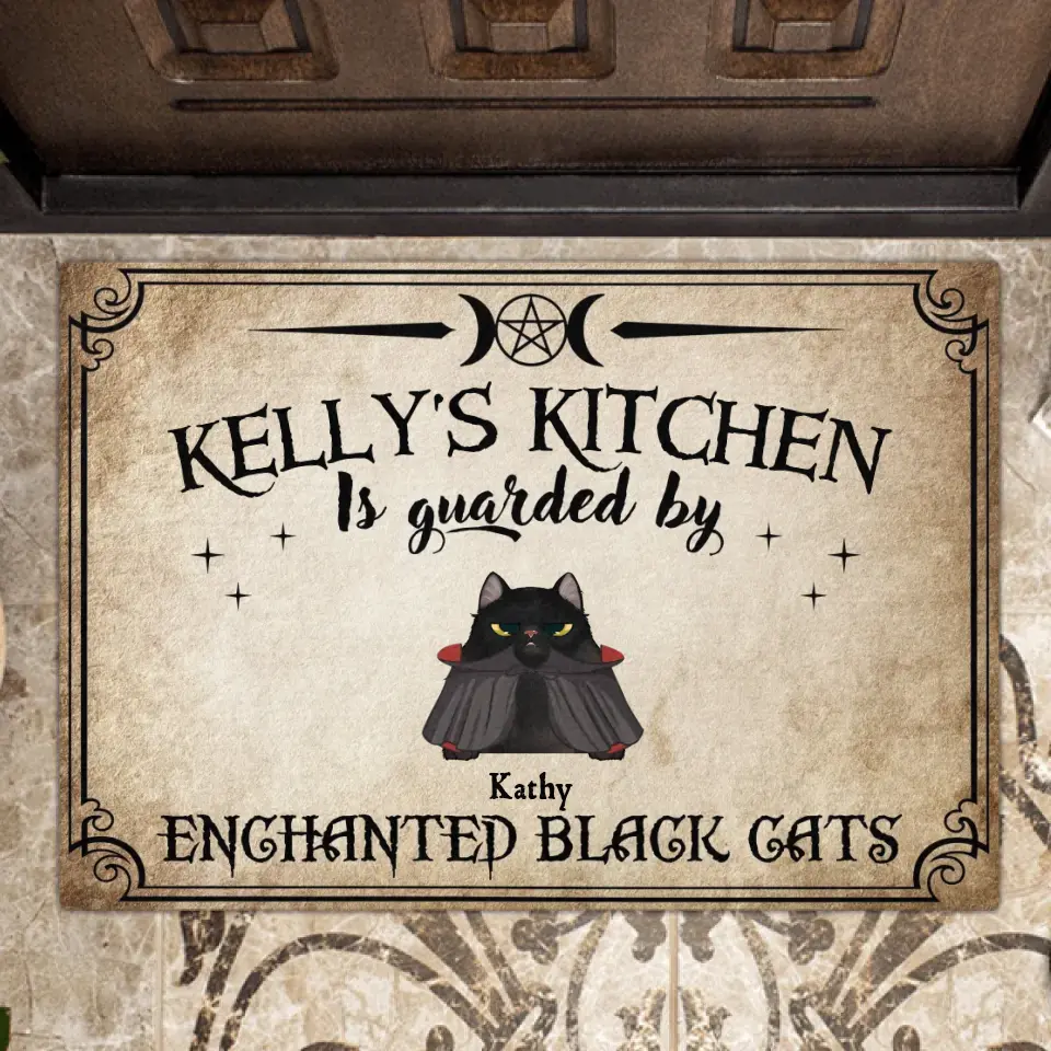Personalized Cat Doormat - Halloween Gift Idea For Cat Lover - Up to 7 Cats - Witch's Kitchen Is Guarded By Enchanted Black Cats