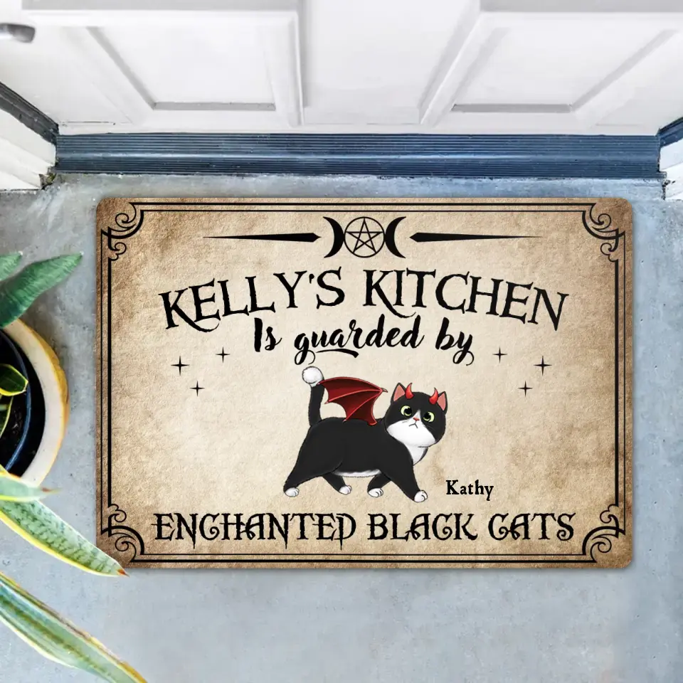 Personalized Cat Doormat - Halloween Gift Idea For Cat Lover - Up to 6 Cats - Witch's Kitchen Is Guarded By Enchanted Black Cats
