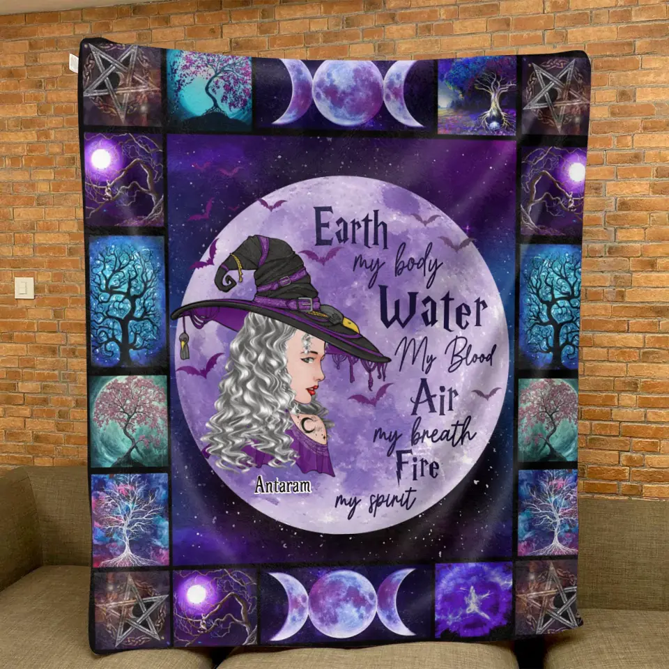 Personalized Witch Quilt/Fleece Throw Blanket - Gift Idea For Witch Lover - Earth My Body Water My Blood Air My Breath Fire My Spirit