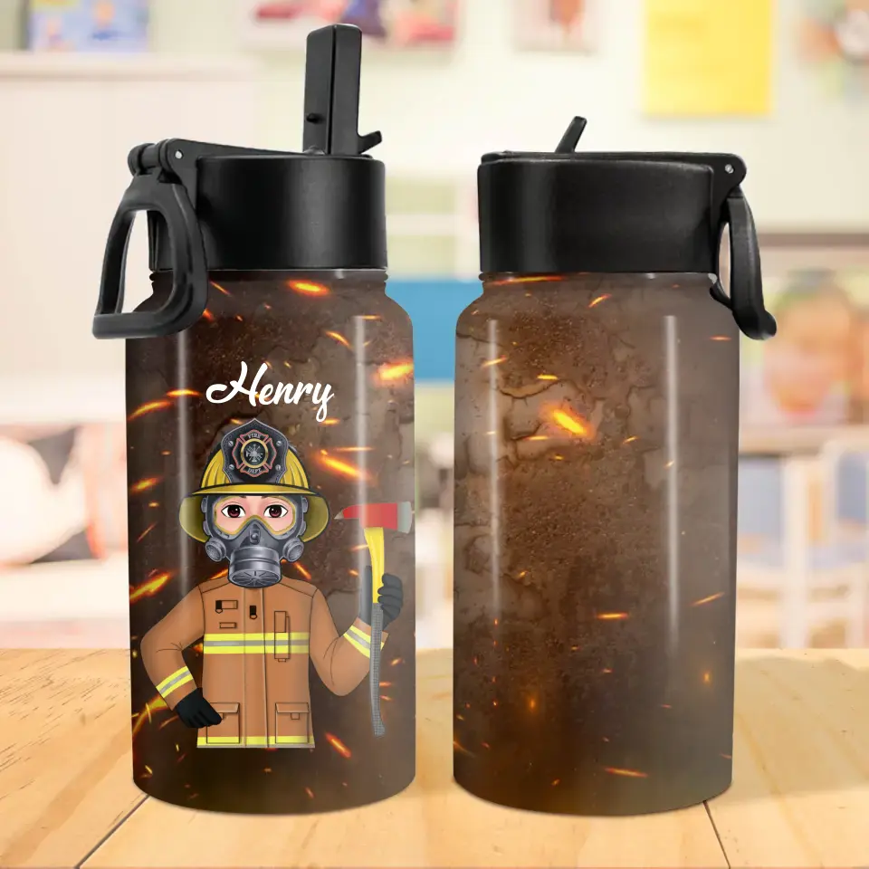 Personalized Firefighter Kid Water Bottle With Straw Lid - Gift Idea For Your Kid/Back To School