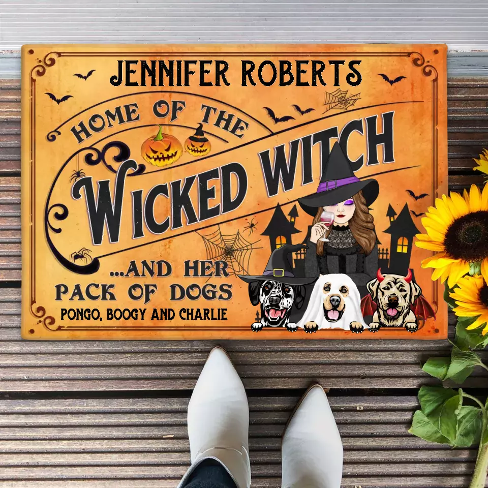 Personalized Wicked Witch Dog Doormat - Halloween Gift Idea For Witch/Dog Lovers With Up To 3 Dogs - Home Of The Wicked Witch And Her Pack Of Dogs