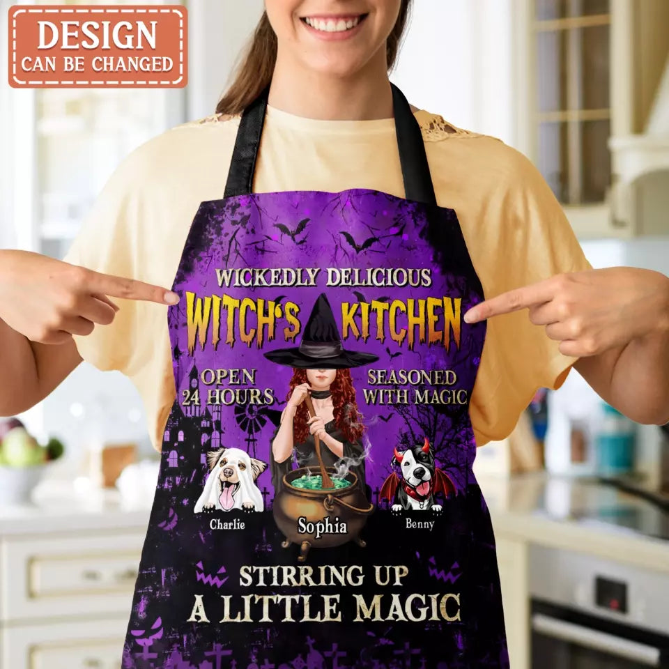 Personalized Witch Dog Kitchen Fashion Home Pocketless Apron - Halloween Gift Idea For Dog Lover - Wickedly Delicious Witch's Kitchen