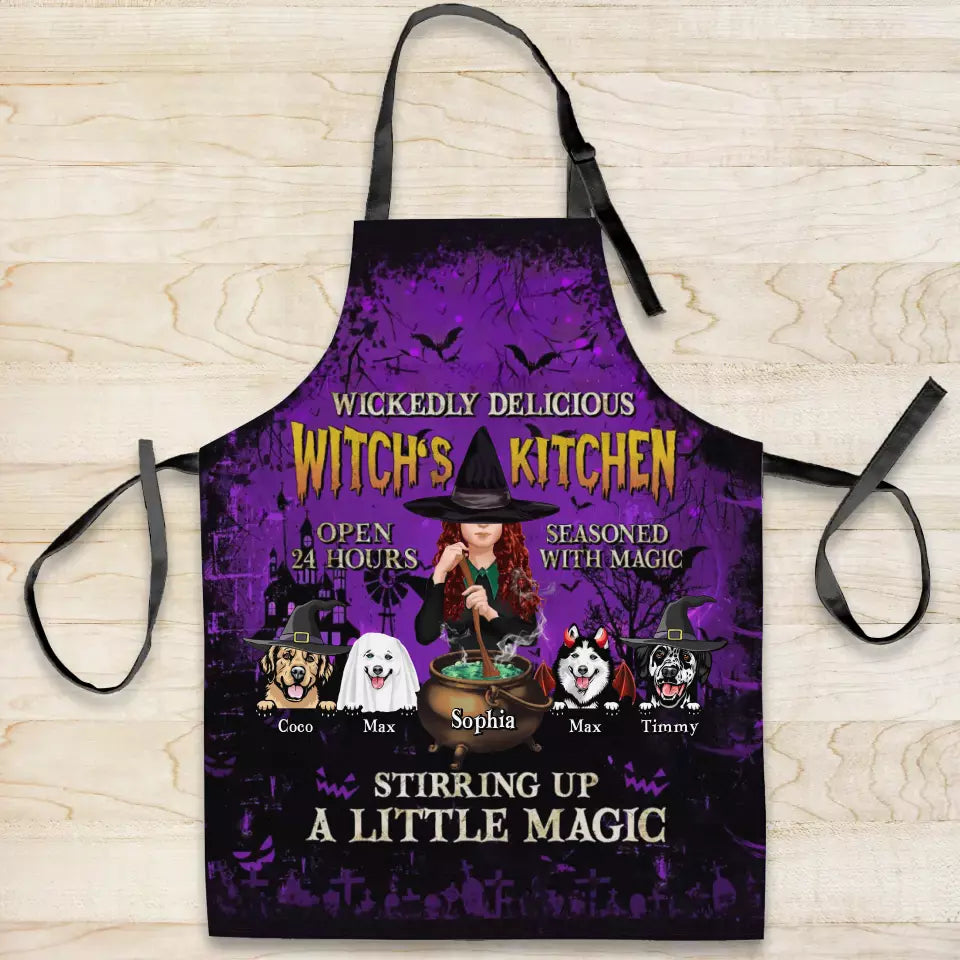 Personalized Witch Dog Kitchen Fashion Home Pocketless Apron - Halloween Gift Idea For Dog Lover - Wickedly Delicious Witch's Kitchen
