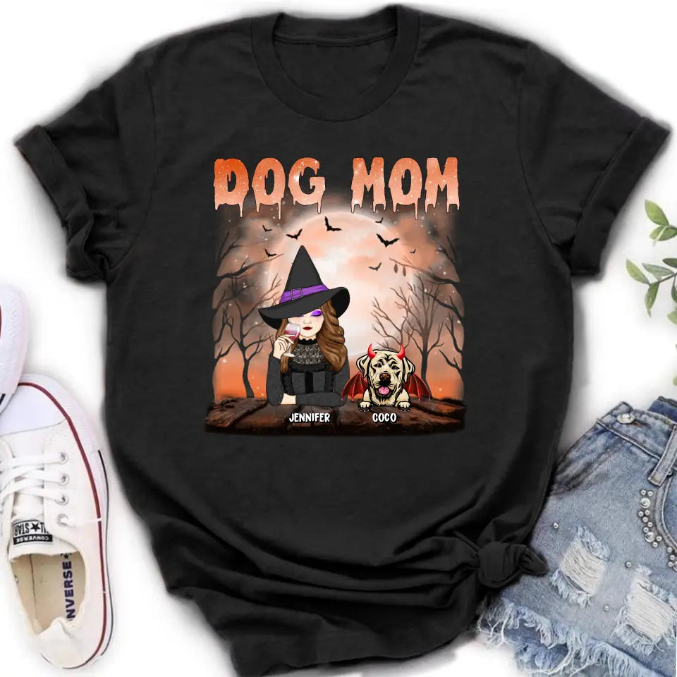 Personalized Dog Mom T-Shirt/Long Sleeve/Sweatshirt/Hoodie - Halloween Gift Idea For Witch/Dog Lover - Up to 6 Dogs
