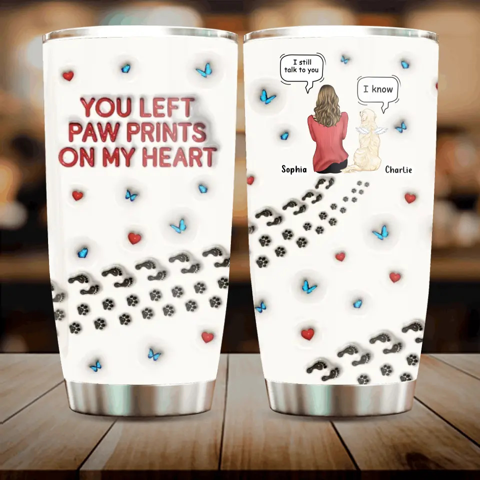 Personalized Dog Mom Tumbler - Memorial Gift Idea For Dog/Cat/Rabbit Lover - Up to 4 Pets - You Left Paw Prints On My Heart