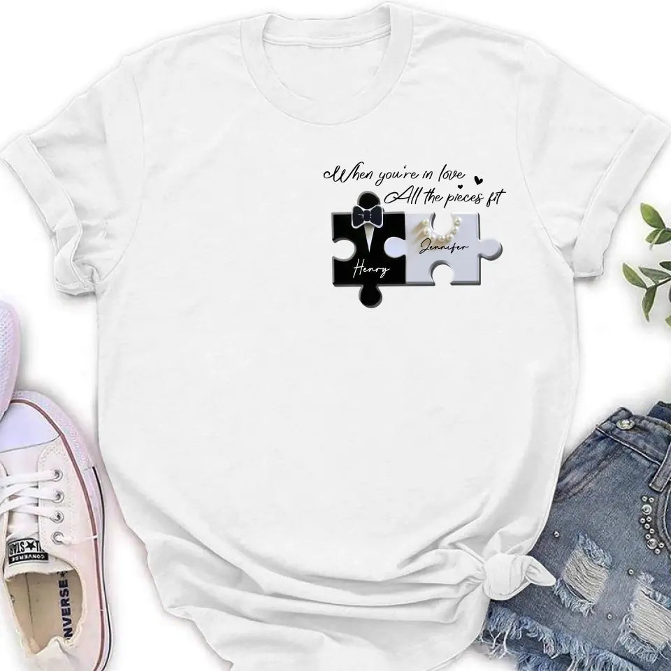 Personalized Couple Puzzle Shirt/Hoodie - Anniversary/Wedding Gift Idea For Couple - When You're In Love All The Pieces Fit