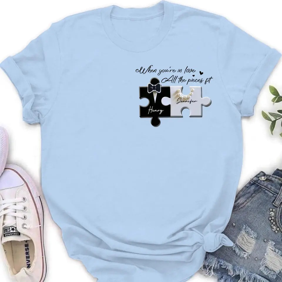 Personalized Couple Puzzle Shirt/Hoodie - Anniversary/Wedding Gift Idea For Couple - When You're In Love All The Pieces Fit
