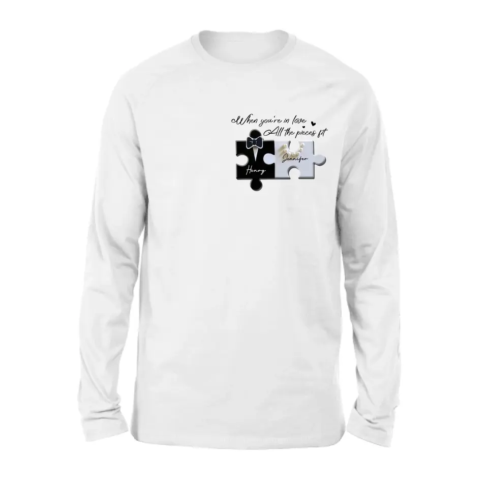 Personalized Couple Puzzle Shirt/Hoodie - Anniversary/Wedding Gift Idea For Couple - When You're In Love All The Pieces Fit