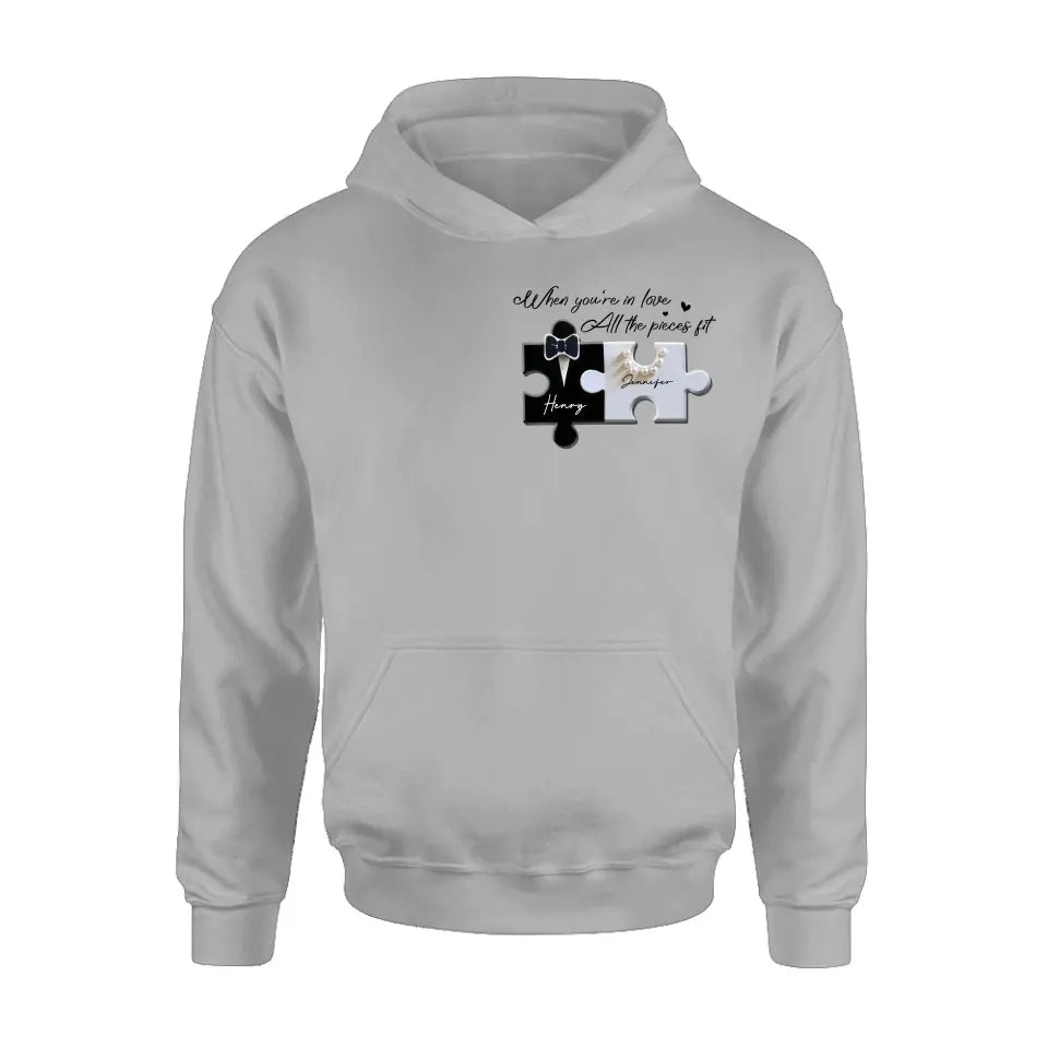 Personalized Couple Puzzle Shirt/Hoodie - Anniversary/Wedding Gift Idea For Couple - When You're In Love All The Pieces Fit