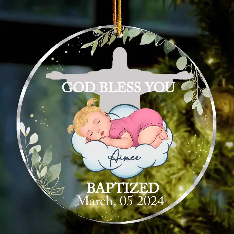 Personalized Baby Circle Acrylic Ornament - Christmas Gift Idea - God Bless You