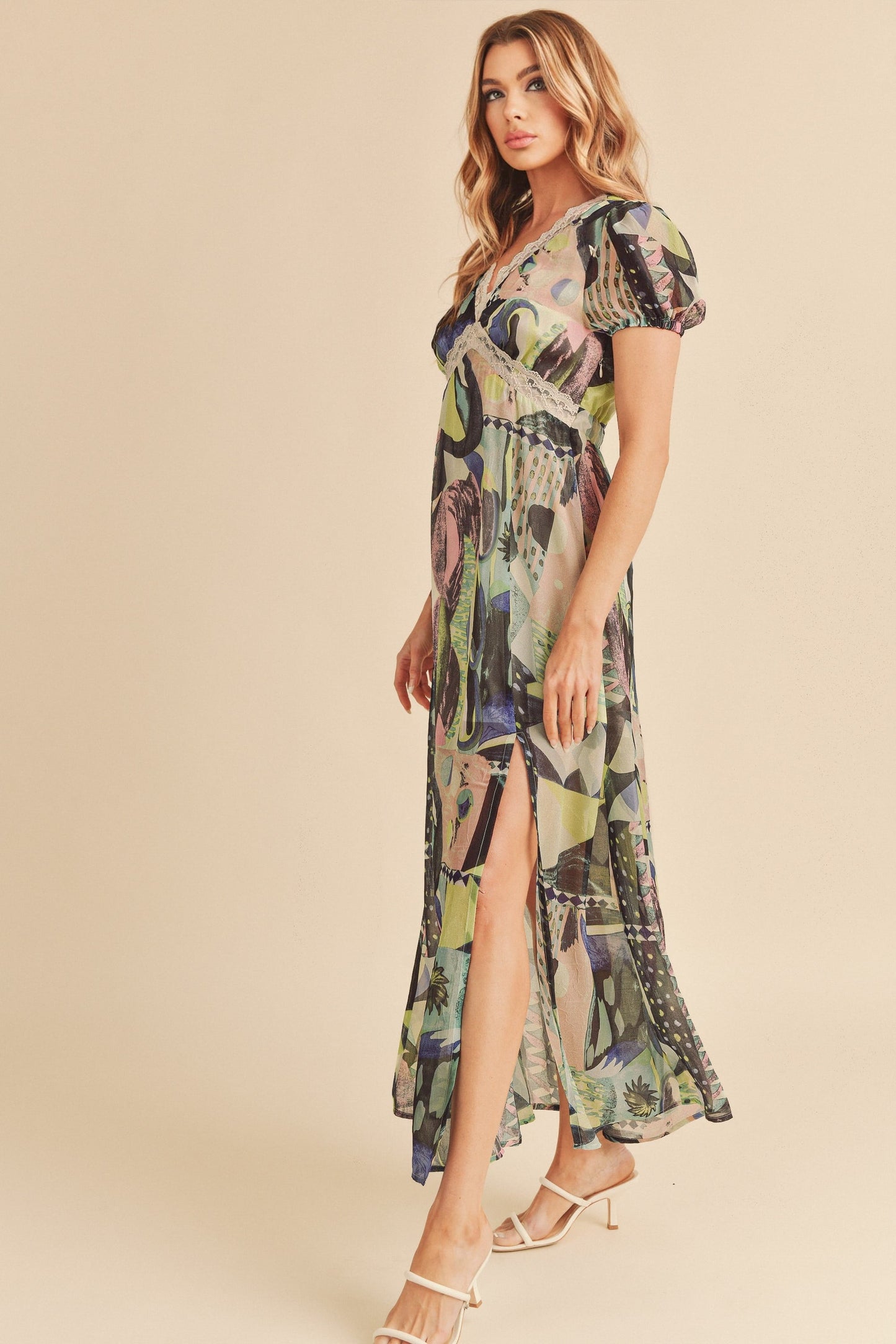 Lace Detail Slit Geometric Print Short Sleeve Maxi Comfortable Dress For Women, Elegant Lace, Alluring Slit, Sophisticated Geometric Print for Casual & Dressy Occasions