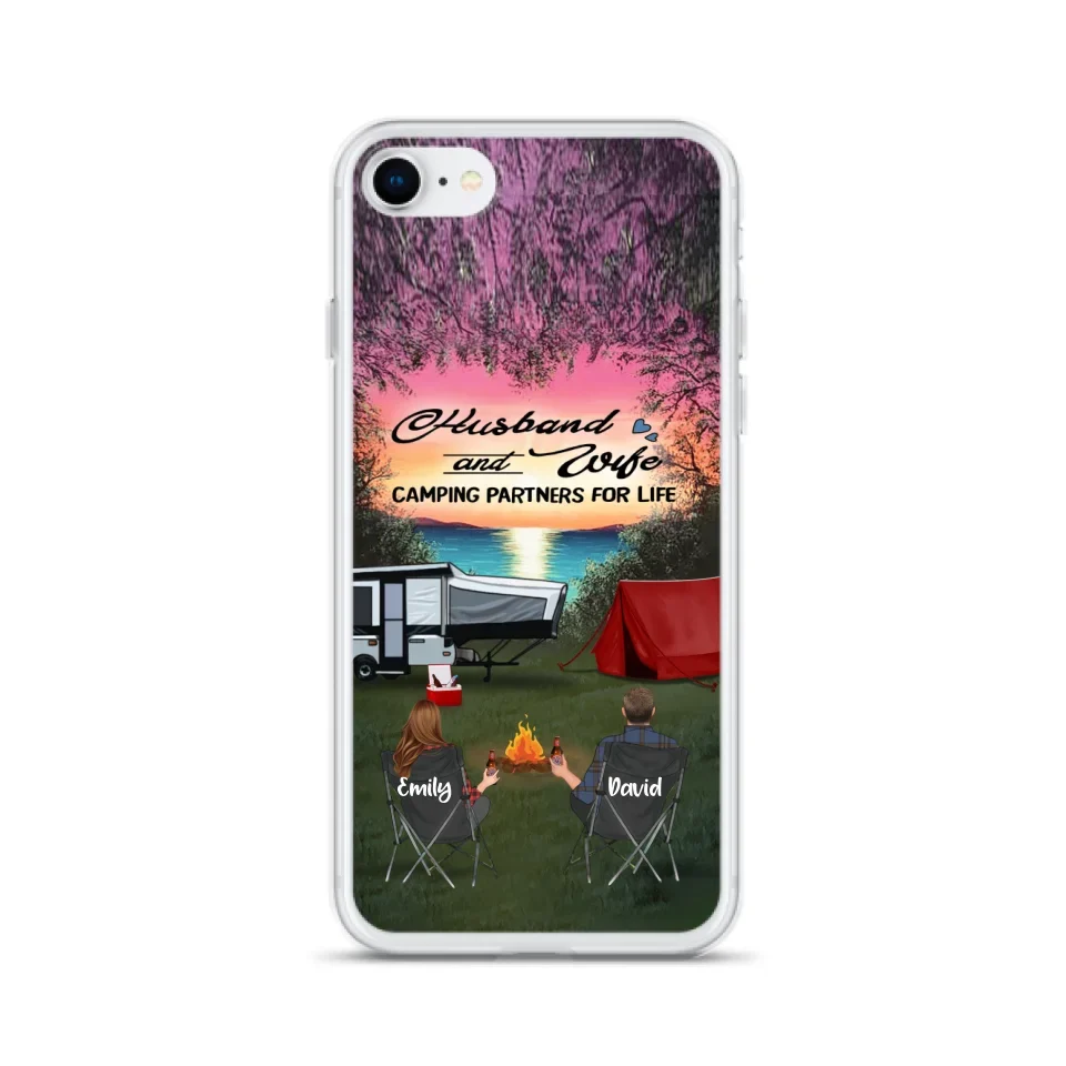 Custom Personalized Camping Phone Case - Couple With Upto 3 Kids And 4 Pets - Gift Idea For Camping Lover - Husband And Wife Camping Partners For Life - Case For iPhone And Samsung